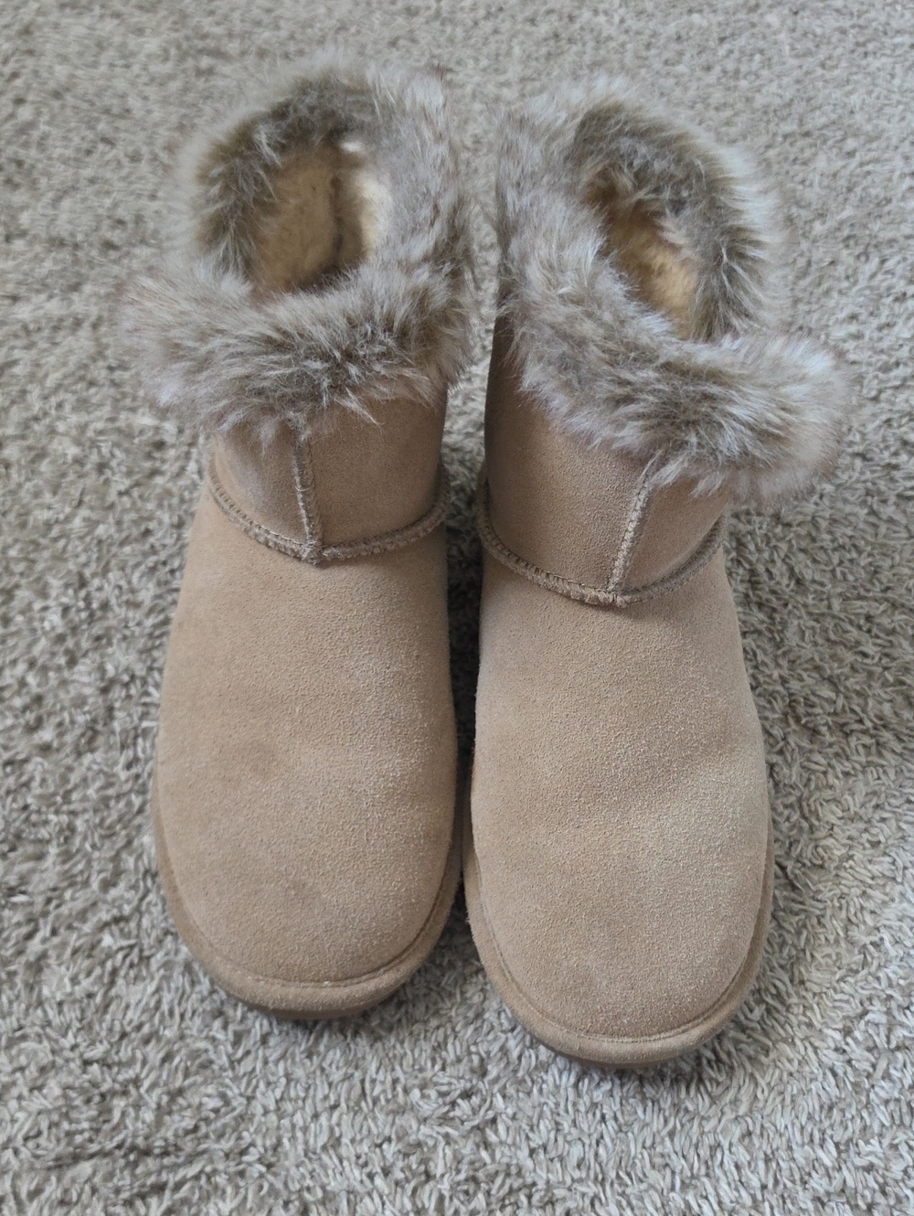 BearPaw Women's Tan Faux-Fur Cuff Suede Slip-On Boots